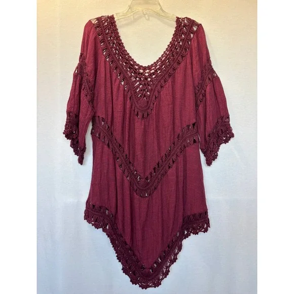 Vivid Importers Crochet Trim Tunic Top Handkerchief Hem Boho Resort Burgundy - Picture 6 of 6